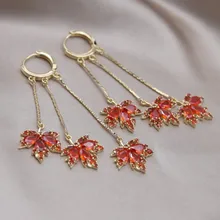  Korea New Fashion Jewelry 14K Gold plated Orange Zircon Maple Leaf Pendant Earrings Necklace Elegant Women's Party Accessories 