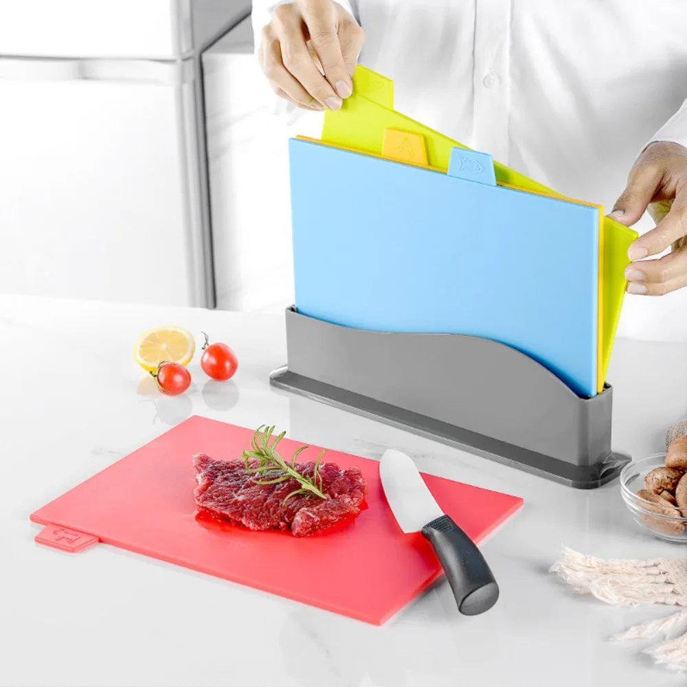

4Pcs/Set Non Slip Plastic Cutting Board Set with Holder Classified Chopping Board with Color Labels Cutting Mat Set Vegetables