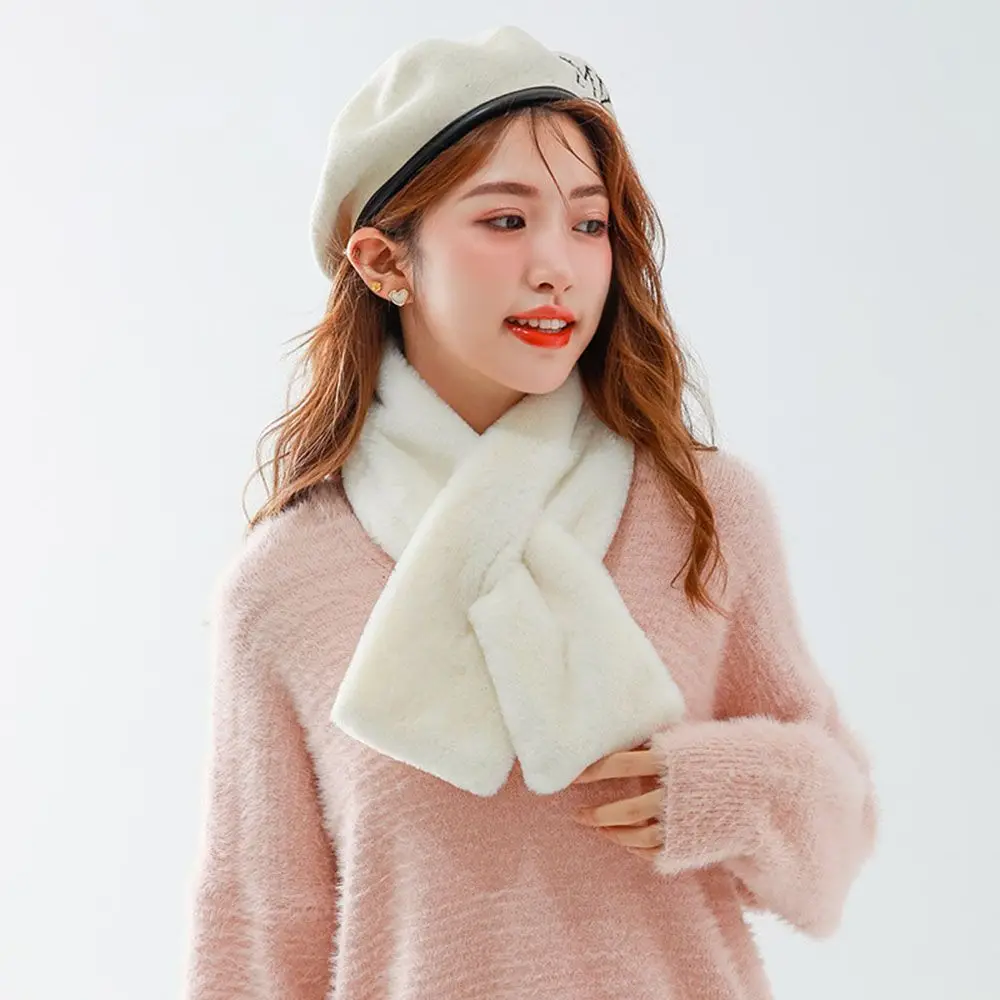 Women Winter Warm Thicken Cross Collar Scarf  Solid Color Faux Rabbit Fur Plush Elegant Shawl Scarfs 2
