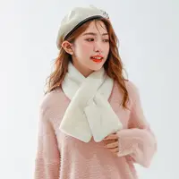 Women Winter Warm Thicken Cross Collar Scarf  Solid Color Faux Rabbit Fur Plush Elegant Shawl Scarfs 2