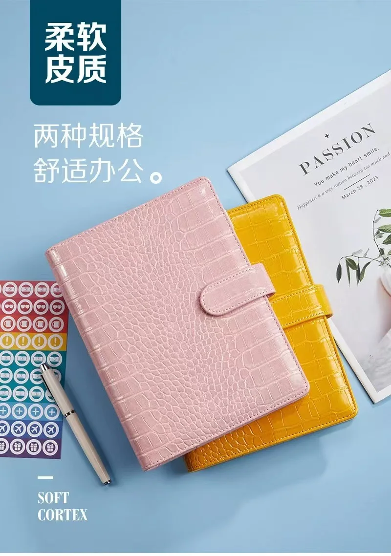 2024 New Crocodile Color 6 Ring Binder PU Clip-on Notebook Leather Loose Leaf Notebook Cover Notebooks Journal Stationery