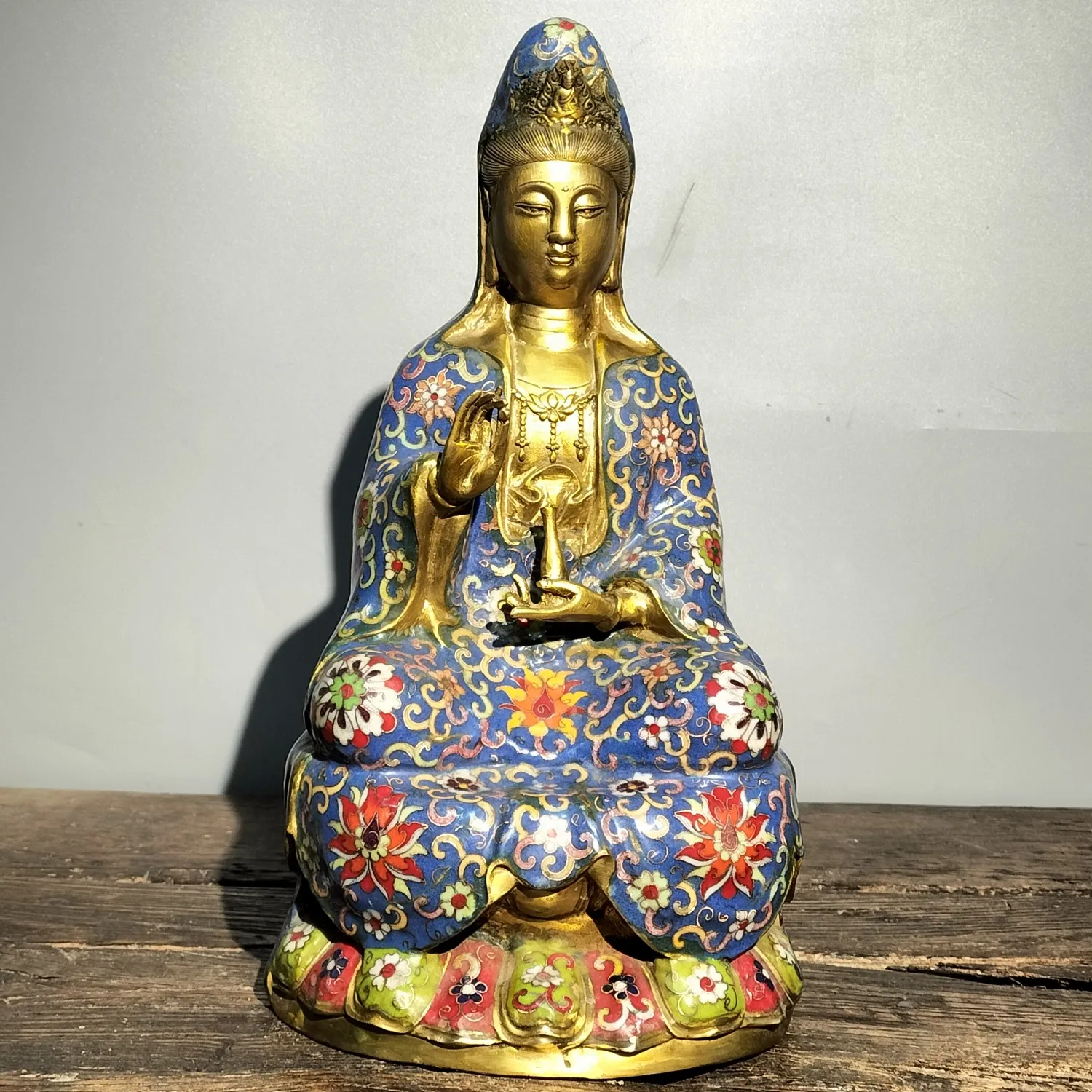 

15"Tibetan Temple Collection Old Bronze Cloisonne Enamel Guanyin Bodhisattva Buddha lotus platform worship buddha Town house