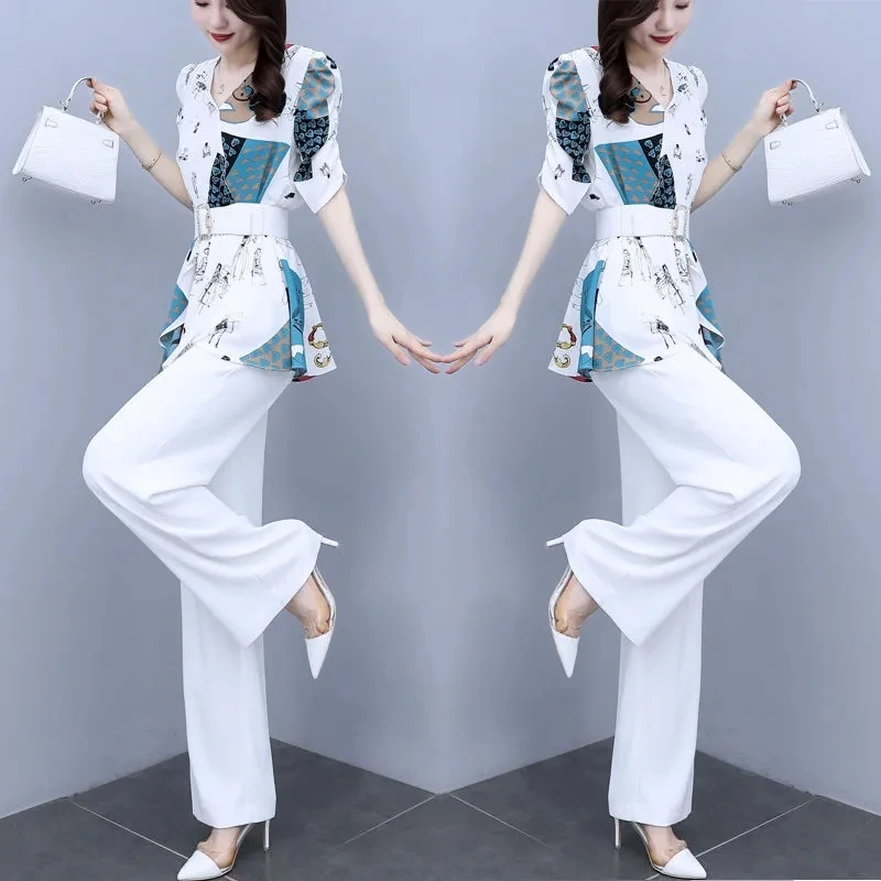 

Summer Suit Female 2023 New Fashion Chiffon Slim Patchwork Print Wide Leg Pants Full Pants Set Two Pieces V-Neck Short Sleeve