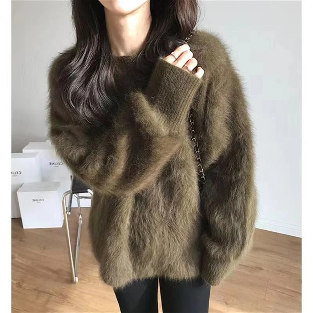 Women 2025 Autumn Winter Thick New Mink Velvet Knitted Tops Female Round Neck Loose Pullover Ladies Solid Color Sweaters Tops 4