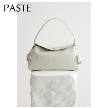 Borsa da bowling da donna in vera pelle di mucca grigio chiaro con manico lungo lucido stile francese euro Borsa da ufficio Commter 1