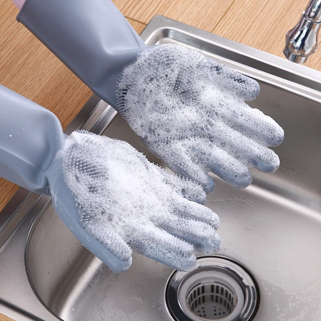 1/2PCS Dishwashing Cleaning Gloves Magic Silicone Rubber Dish Washing Glove  for Household Scrubber Kitchen Cleaning Scrub Gloves
