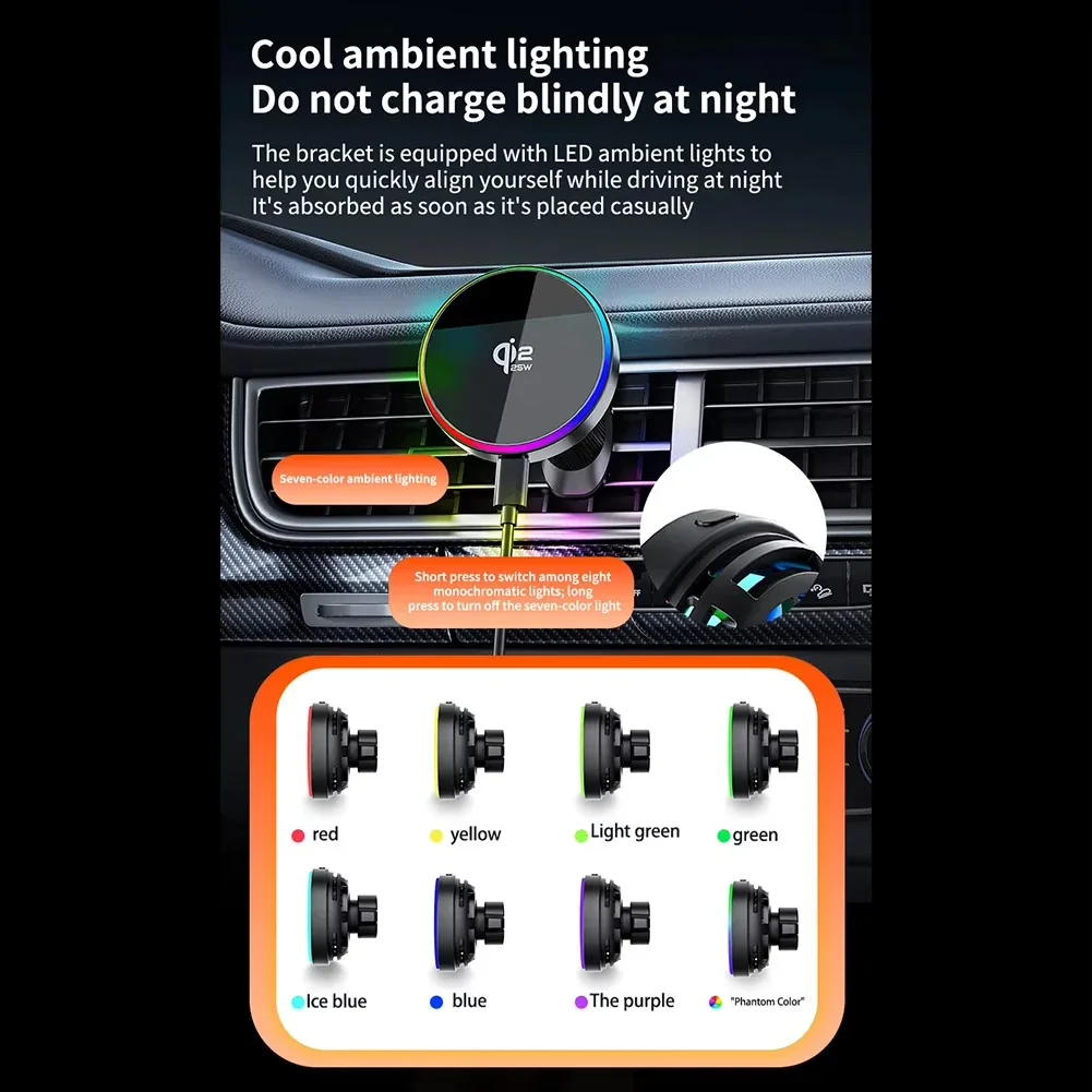 Enhanced Magnetic Wireless Car Phone Holder with Adjustable RGB Lighting and Fast Charging (25W)