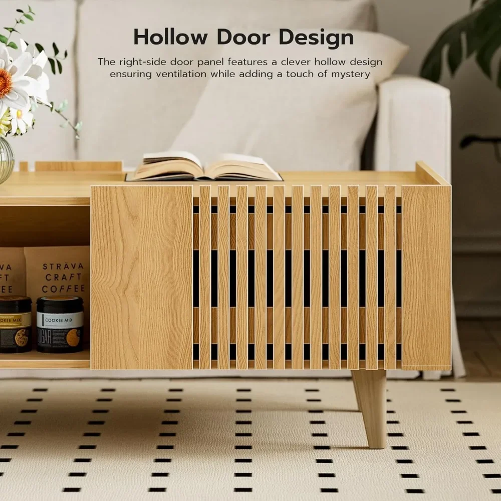 Fluted Coffee Table, Mid Century Modern Center Coffee Table with Cabinet Doors, Modern Farmhouse Coffee Table for Living Room 3