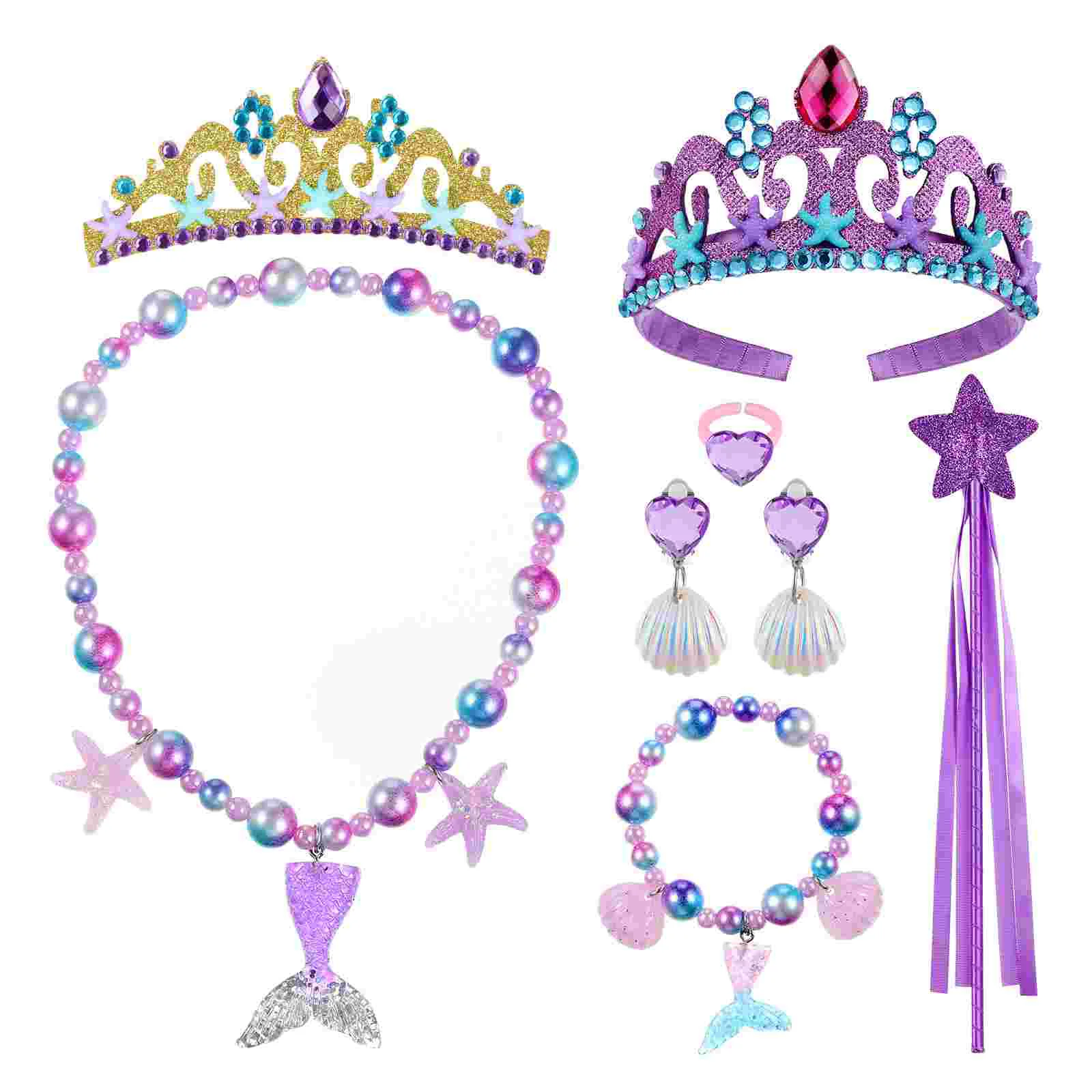 

Children's Crown Set Mermaid Necklace Wand Bracelet Ring Kids Dress Up Accessories Theme Earrings Girls Jewelries