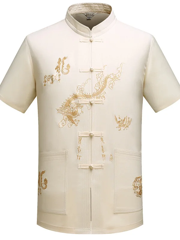 

Summer Satin Madarin Collar Vintage Tang Suit Traditional Chinese Clothing for Men Dragon Silk Kung Fu Shirts Hanfu Blouse