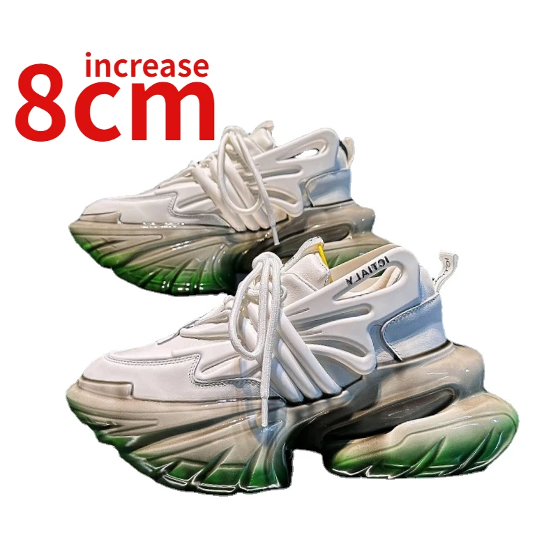 

Europe/American Gel Design Increase 8cm Shoes for Women Genuine Leather Spaceship White Dad's Shoes Elevated Sports Casual Shoes