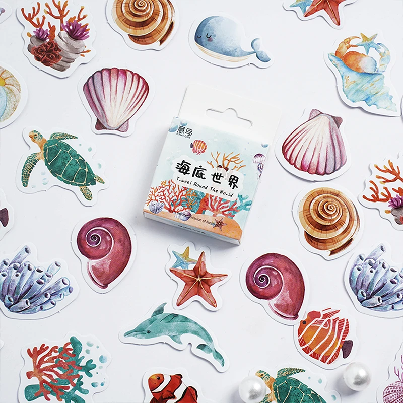 

46PCS Vintage Ocean World Small Sticky Sticker Aesthetic DIY Decoration Scrapbooking Korean Stationery School Supplies for Kids