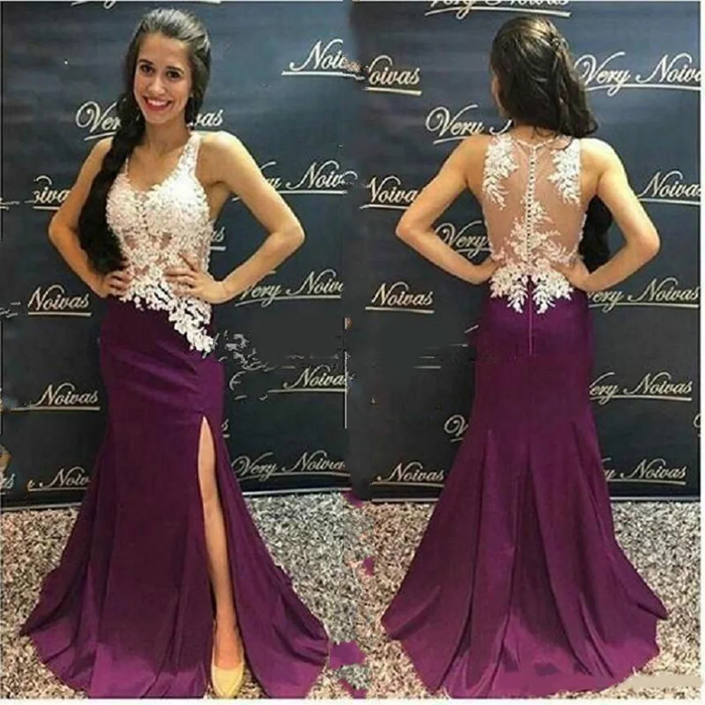 Arabic Purple Mermaid Lace Evening Dresses Plus Size V Neck Sheer Back Side Slits Prom Dresses Women Formal Party Gown sexy evening dresses