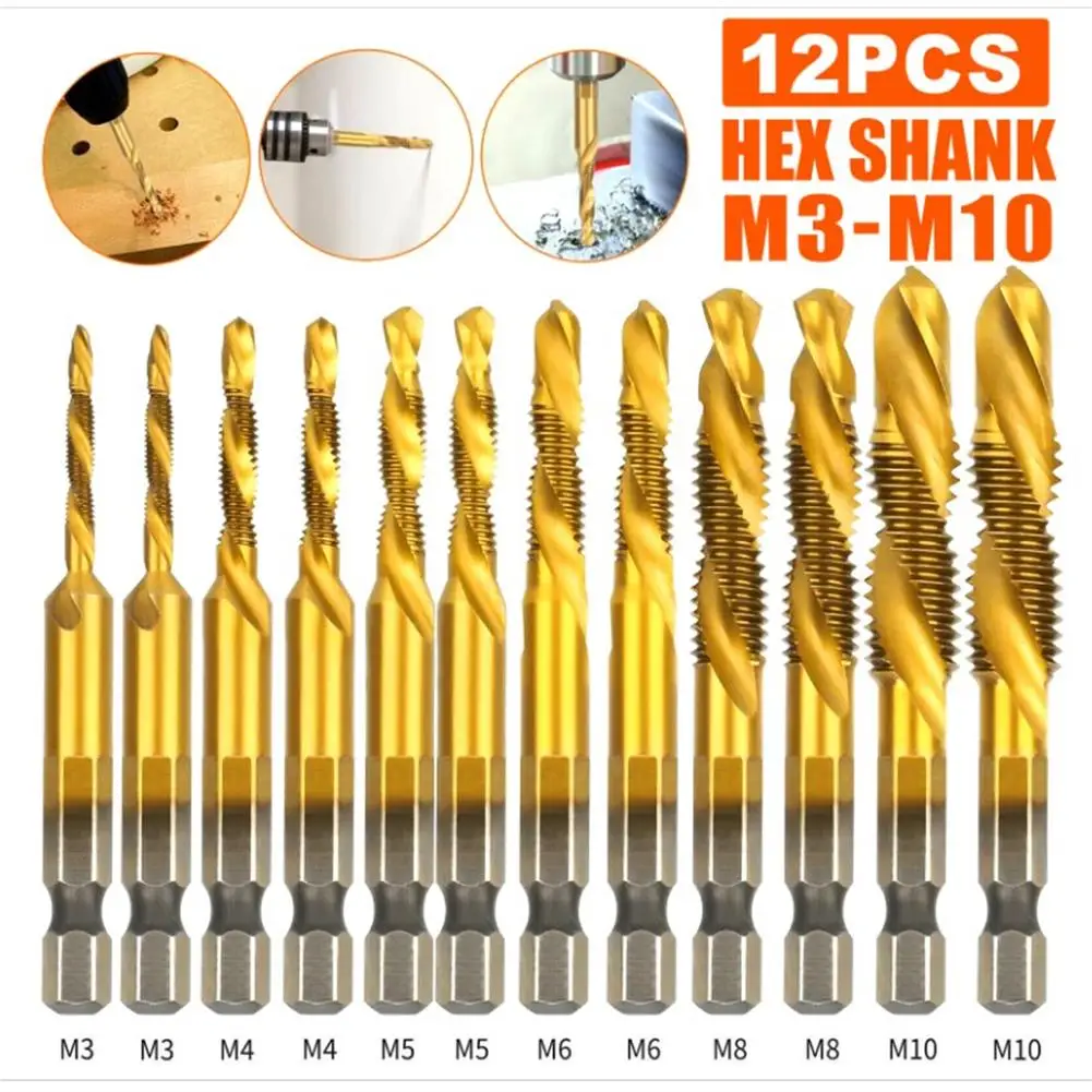

Impact Driver Bits 12PCS Metric Thread M3 M5 M6 M8 M10 Screw Tapping Tools 1/4" Shank Titanium Plated HSS