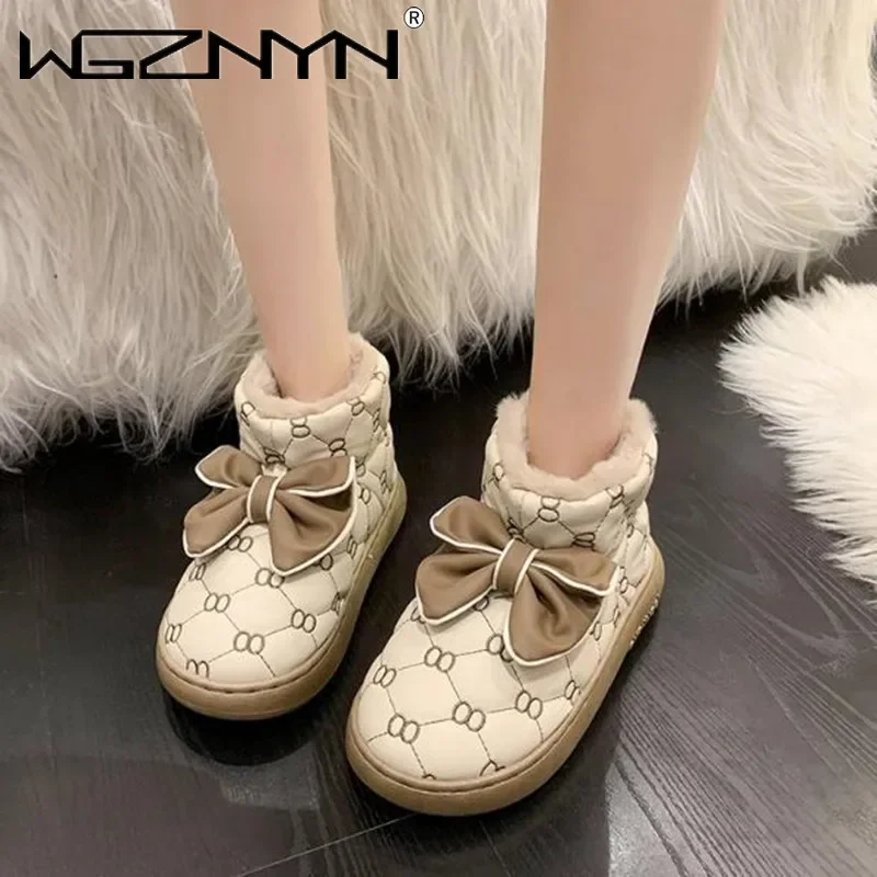 

Зимние женские ботинки с бантом, хлопковые нескользящие водонепроницаемые утепленные плюшевые ботильоны для женщин, модные дизайнерские теплые меховые ботинки для снега