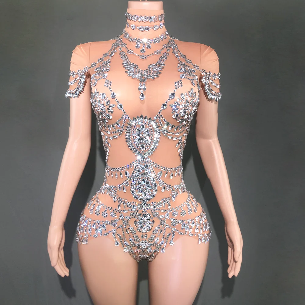 Sparkly Rhinestones Bodysuit for Women Sexy Mesh Transparent Performance Dance Costume Singer Dancer Show Stage Wear dance dress rhinestones dress women dance costume