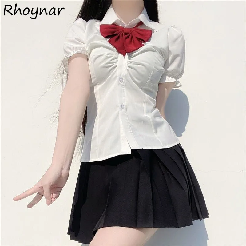 

Puff Sleeve Shirts Women Korean Style Designed Slimming Rough Edge College Simple All-match Solid Summer Lovely Girls Prevalent