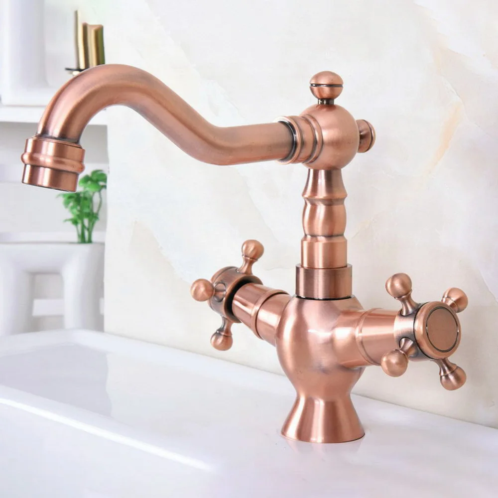 

Antique Red Copper Brass Dual Cross Handles Bathroom Kitchen Basin Sink Faucet Mixer Tap Swivel Spout Deck Mounted mnf616