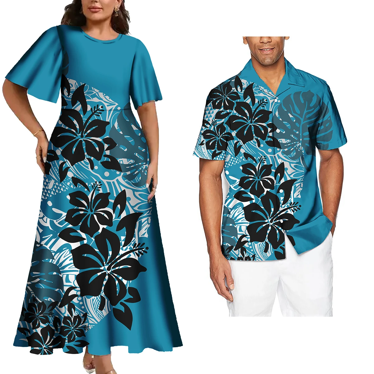 His And Her Hawaiian Matching Outfits Hawaii Matching Polynesian Tribal Blue Cool Shaka Sign Dress and Hawaiian Shirt LT13 main image 0
