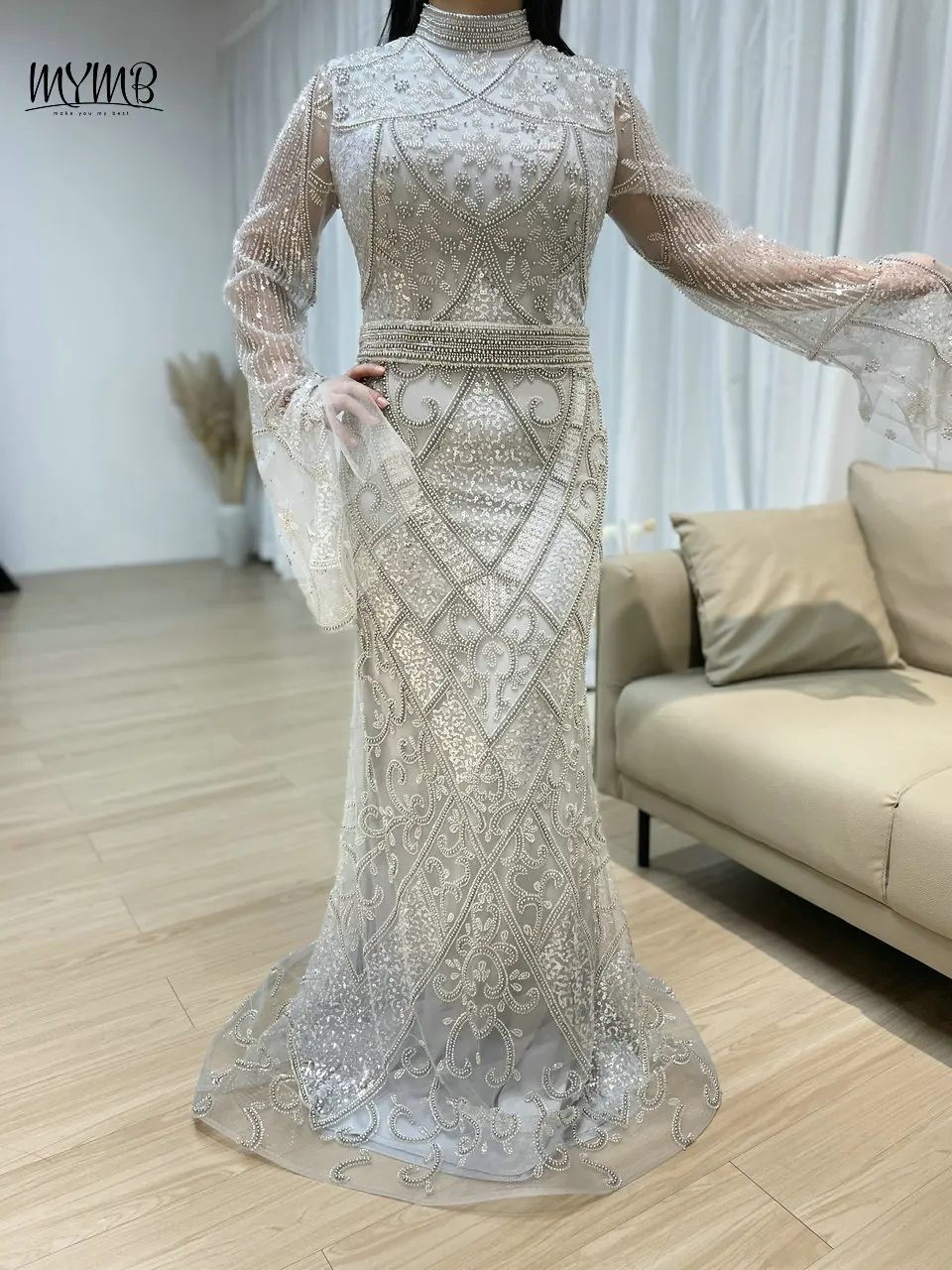 MYMB Angepasst Muslimischen Elegante Cape Ärmeln Frauen Promi Party Kleider Luxus Perlen High Neck Meerjungfrau Abendkleider MB40247B – Detail 7