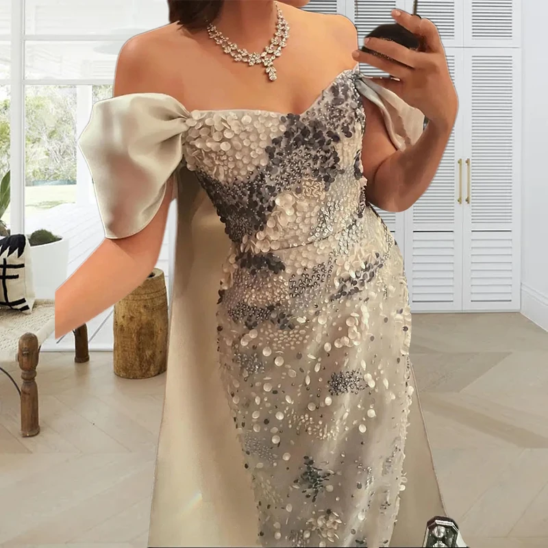 

Sexy Sheath Evening Dresses Elegant Satin Party Gown For Women Mermaid Cap Sleeves Off-The-Shoulder Sequined Vestidos