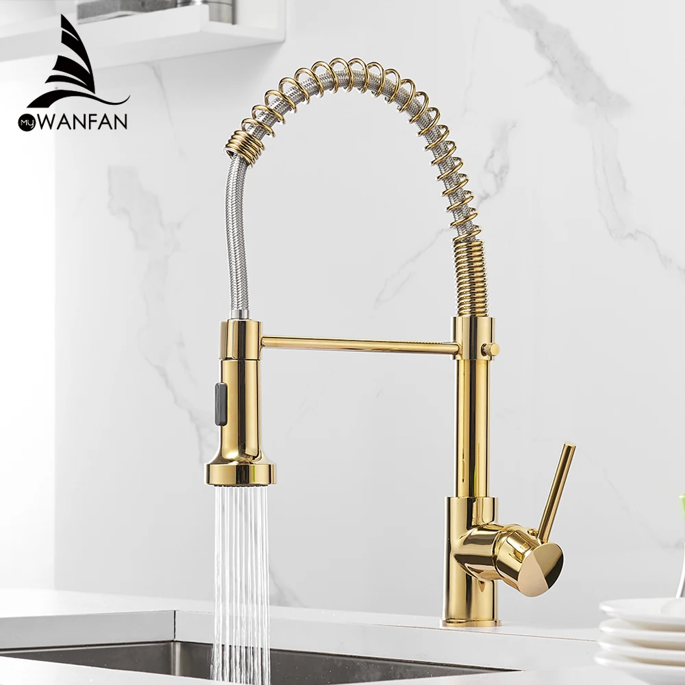 Single Lever Pull Down Spring Spout Mixer Tap Torneiras de Latão para Pia de Cozinha Guindaste de Água Quente e Fria 9009