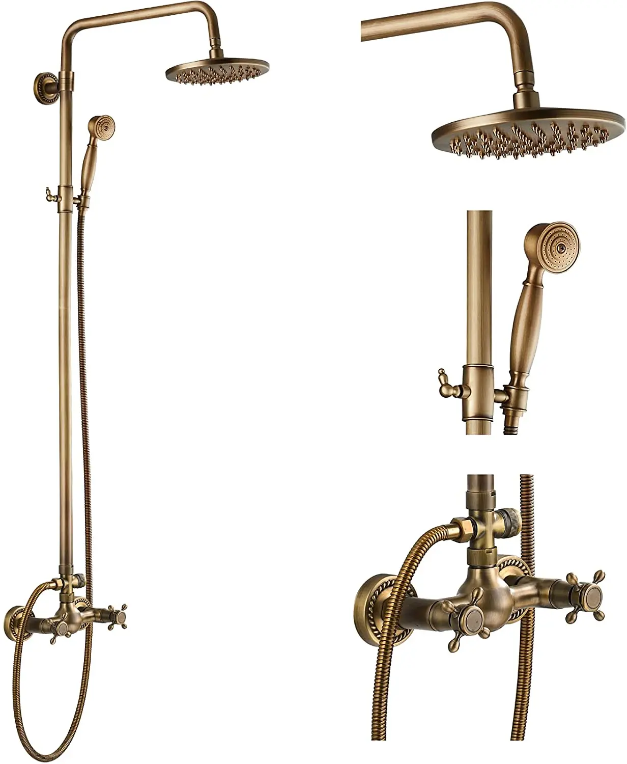 BMQFonanza 20cm Antique Shower Faucet Set with Cross Handle Hand-Held