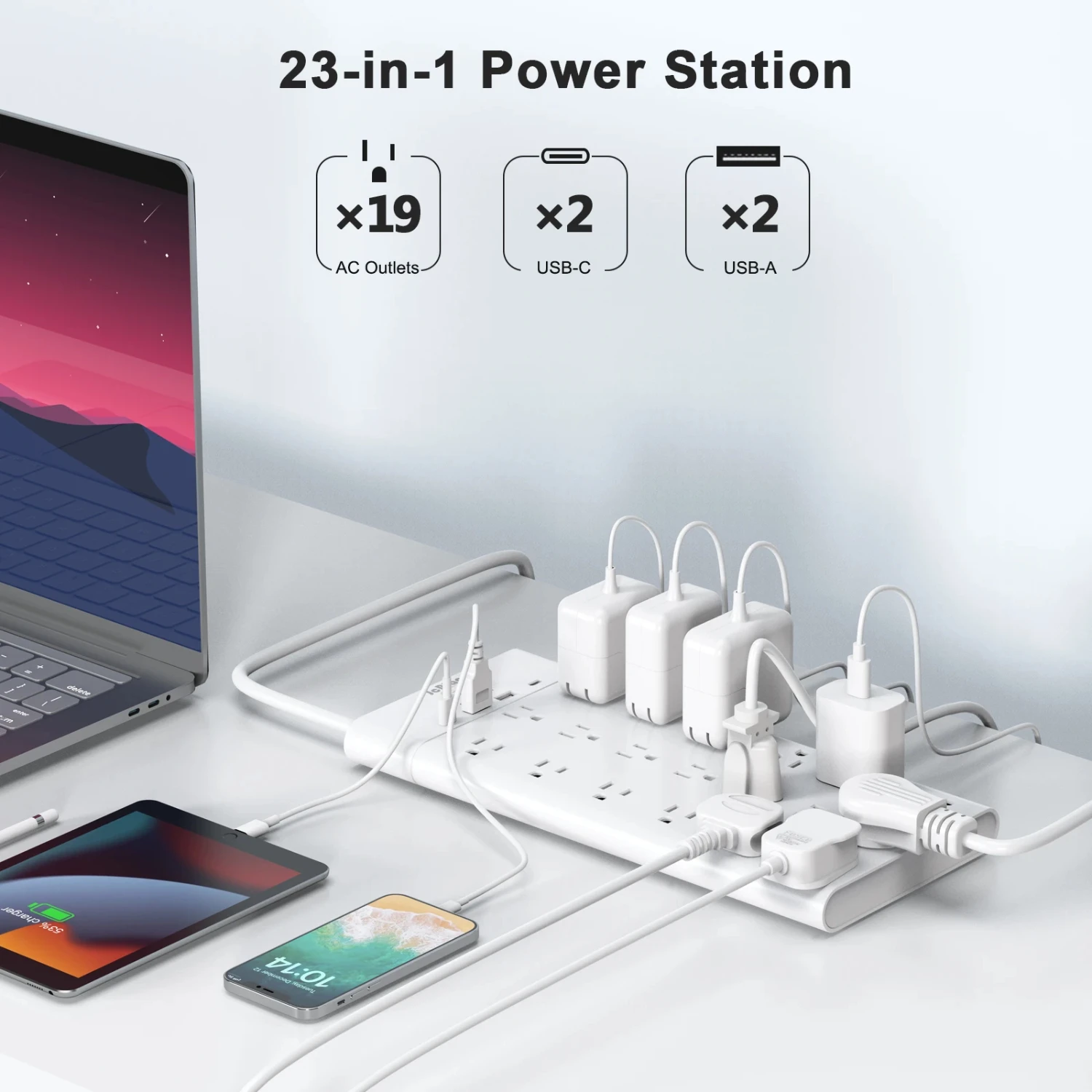 23-in-1 Power Strip Plug 19 AC Outlets Electrical Socket 4 USB Ports 2 Type-C 1.5M Extension Cable Multitap Network Filter