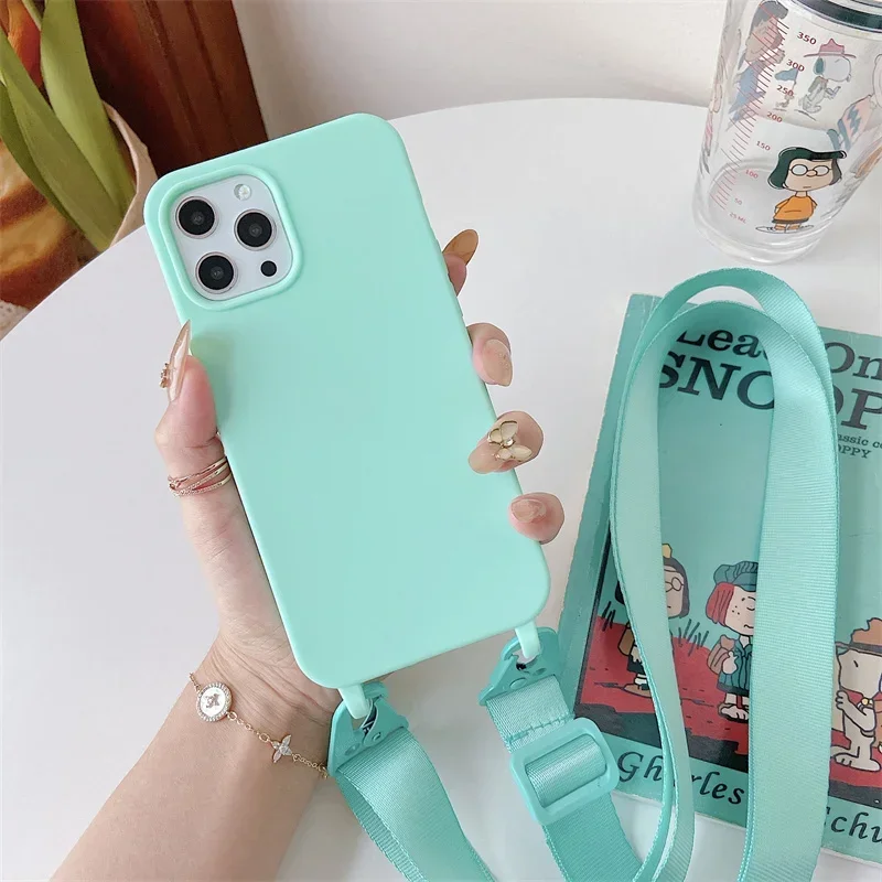 thumbnail image 1 of Funda de teléfono con correa cruzada de lujo para iPhone 16, 15, 14, 12, 13, Mini, 11 Pro Max Plus, funda trasera suave de silicona de color caramelo, 1 of 5