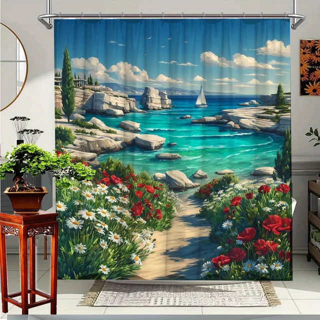 Tenda da doccia con paesaggio naturale da 1 pezzo con fiori di campo colorati e paesaggio marino lenitivo, tenda da doccia decorativa per il bagno 1