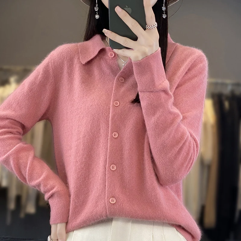 100% Mink Cashmere POLO Collar Women's Sweater Cardigan Solid Color Thick warm Cardigan Sweater For Women 2023 Autumn/Winter New 6