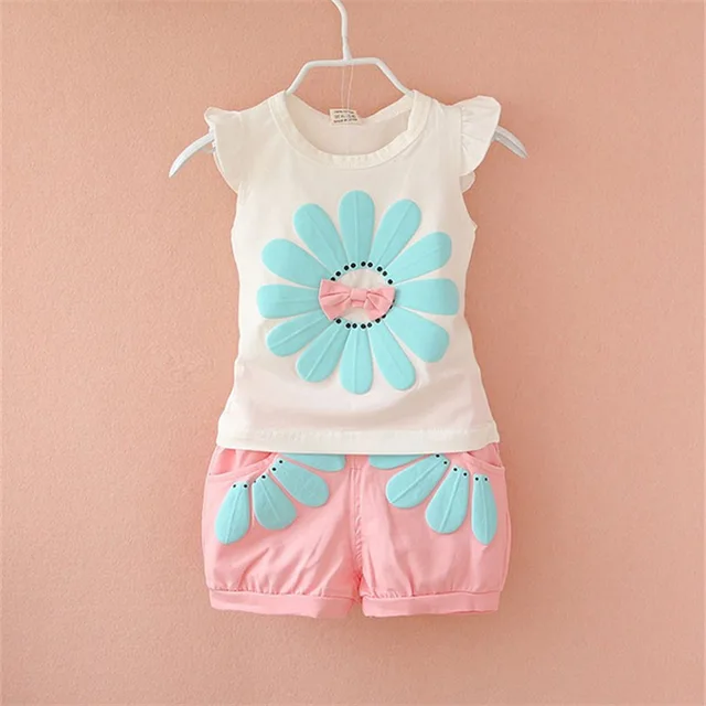 Summer Cute Cartoon 2PCS Kids Baby Girls Floral T-shirt Top Shorts Pants Set Clothes Girls Clothing Sets TaiYangHua-pink
