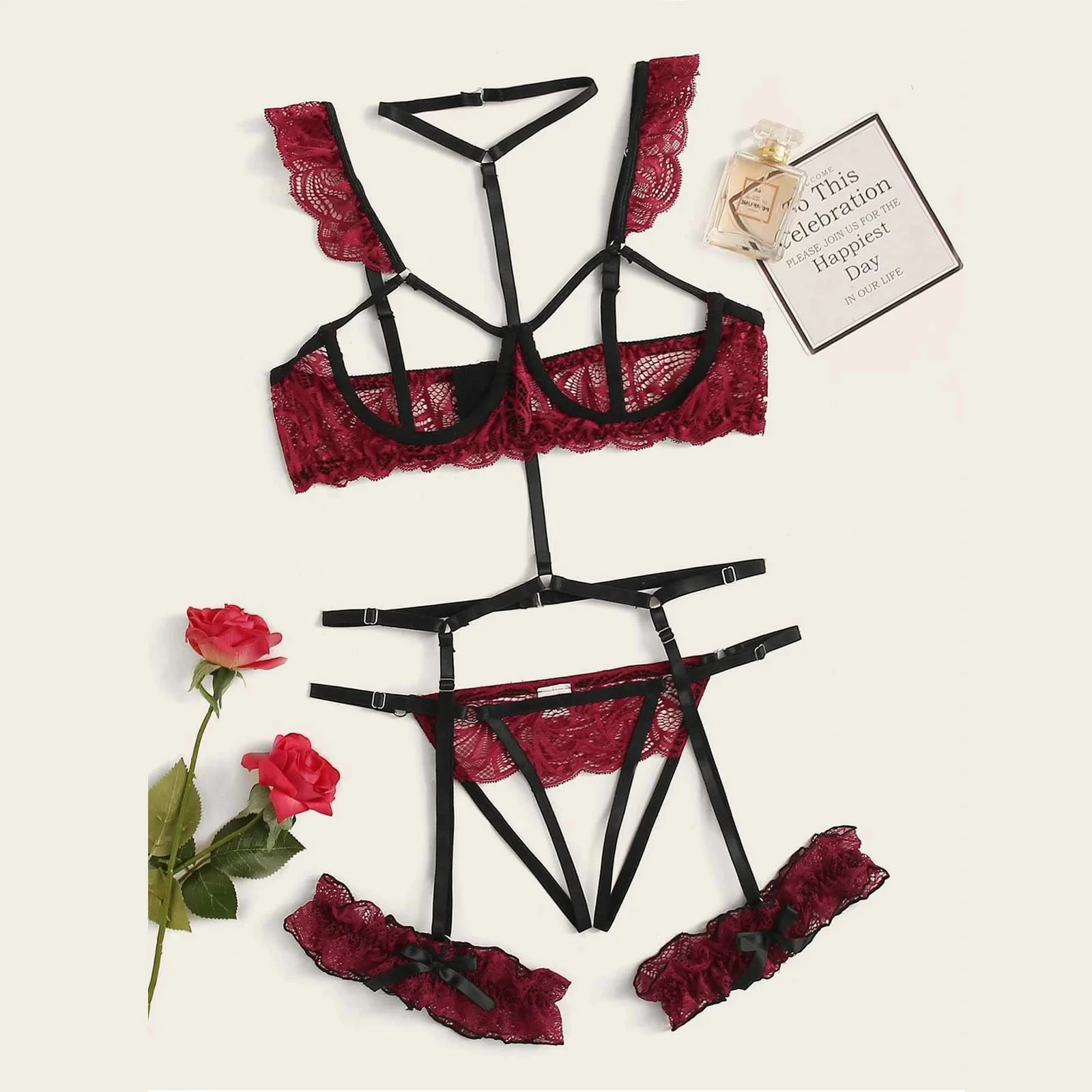 Neue Sexy Mode Spitze Lin Unterwäsche Nachtwäsche Stahl Ring Pamas Strumpfband Frauen Dessous Unterwäsche Bh Höschen Set_voghion.com