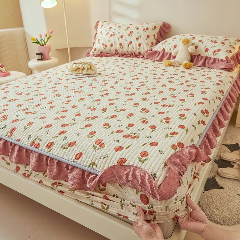 

Four Seasons Fitted Sheet Pillowcase Set Cartoon Cute Single Double Bedspread Non-slip Bed Sheet Mattress Protector Bed Cover