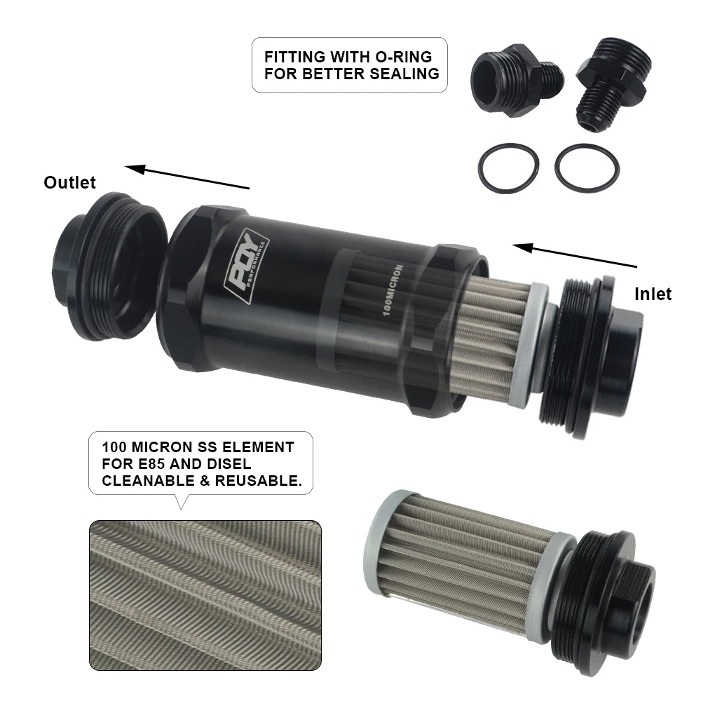 VR-PQY BLACK AN6 / AN8 / AN10 Inline Fuel Filter E85 Ethanol With 100 Micron Stainless steel element and PQY sticker