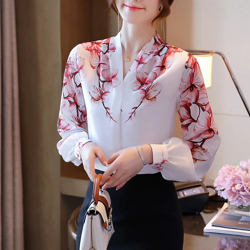 

Blouses Femme White Blouse Long Sleeve Blouse Women Blusas Mujer De Moda 2023 V-Neck Print Chiffon Shirt Women Tops Blusas