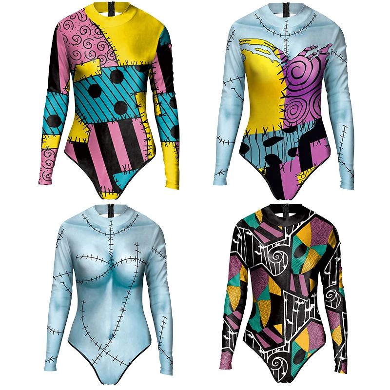 Women Anime Movie Tops Sally Halloween Cosplay Costume Christmas 3D Printing Catsuit Carnival Party Zentai Long Sleeved Catsuit