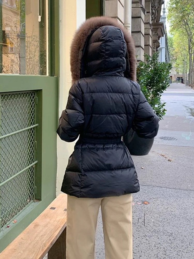Luxury Women's Fur collar down jacket Warm Solid 2023 Winter Elegant Adjustable waist puffer coat Female outwear INKEO 3O256