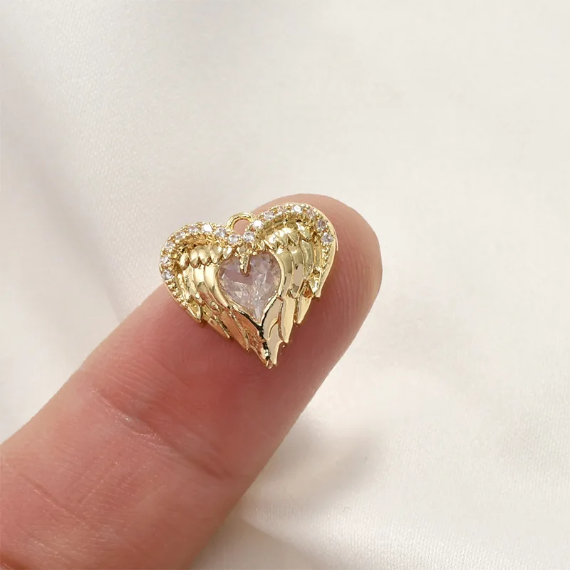 구리 도금 14k 골드 천사 날개 깃털 사랑 지르콘 펜던트 DIY 팔찌 목걸이 귀걸이 펜던트 액세서리