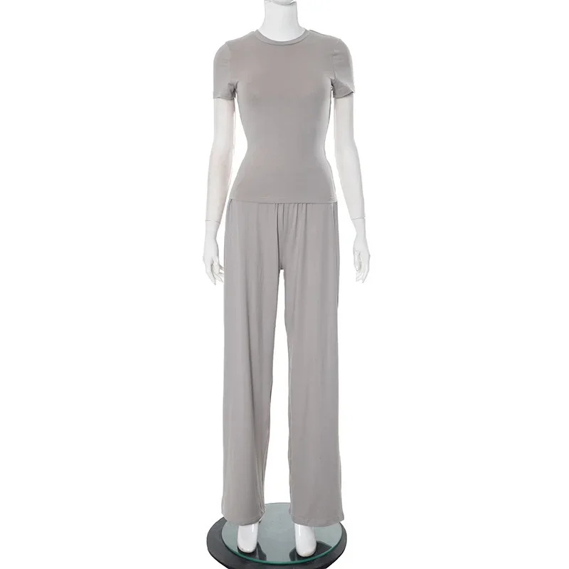 Spring and Summer Women's Trousers Set Round Neck Short-sleeved Top Elastic Waist Casual Trousers Solid Color Slim Two-piece Set