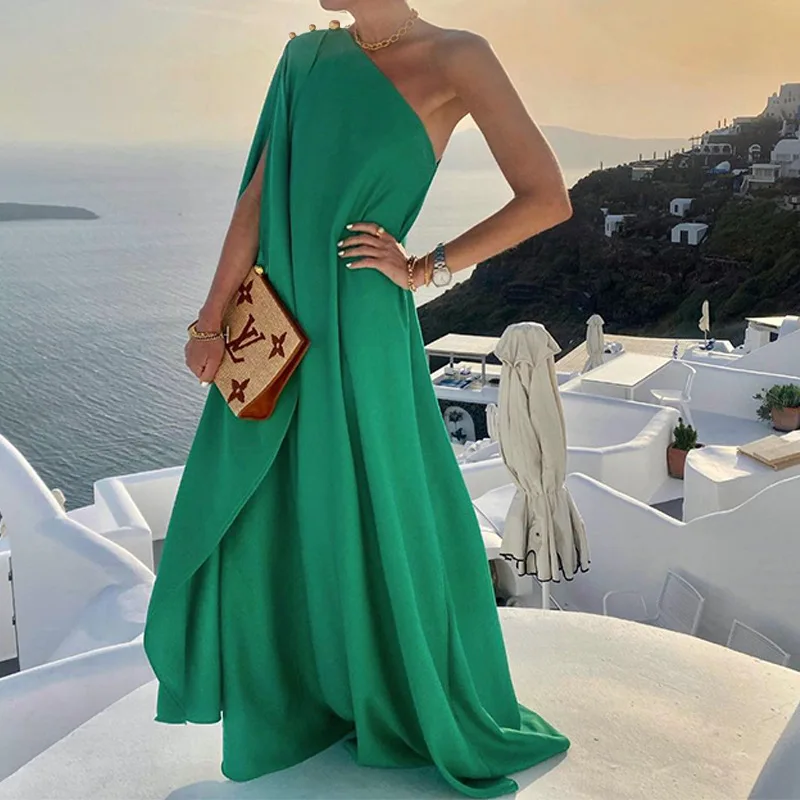 

Женское однотонное длинное платье с косой лямкой, элегантное свободное асимметричное платье без рукавов, привлекательный Повседневный пляжный сарафан на одно плечо, 2023