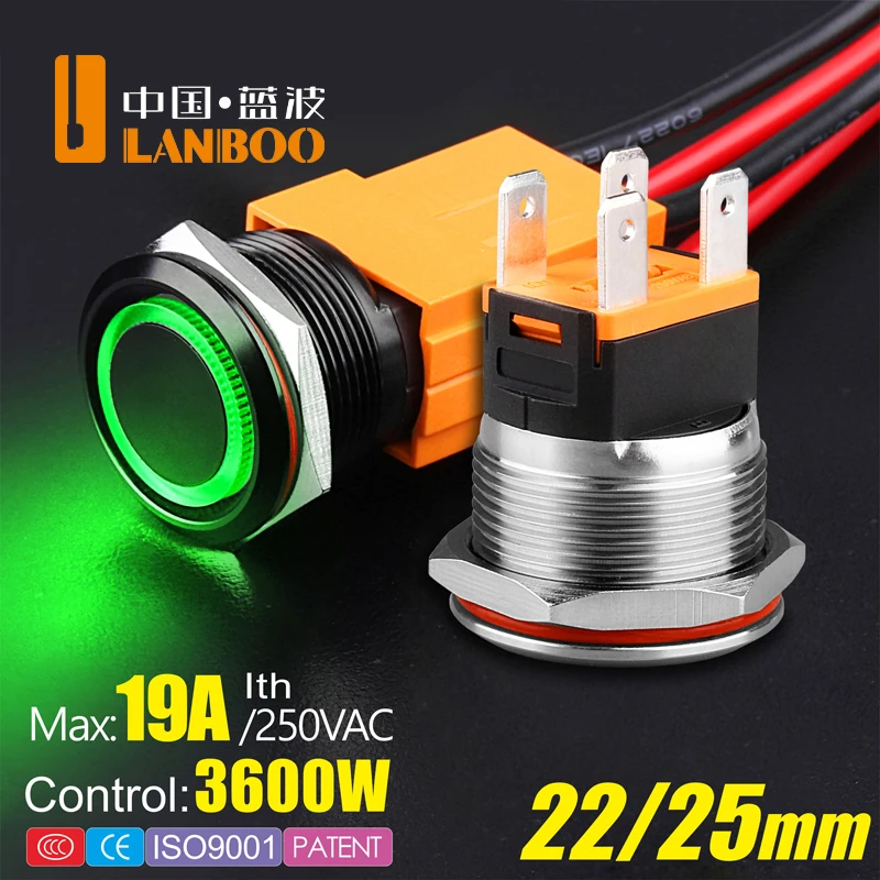 LANBOO 12V 24V 220V 15A Высокое напряжение IP67 может быть настроен. Выключатель без фиксации кнопочный переключатель