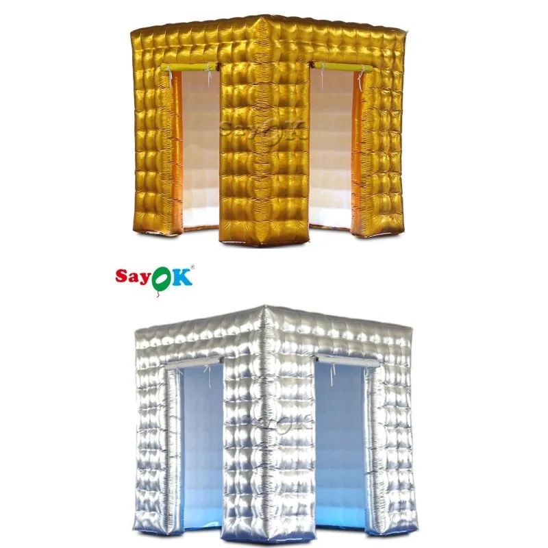 

SAYOK 2Doors Inflatable Gold Photo Booth Enclosure 2.5m/8ft Inflatable LED Photobooth Tent for Party Wedding Anniversary Decor