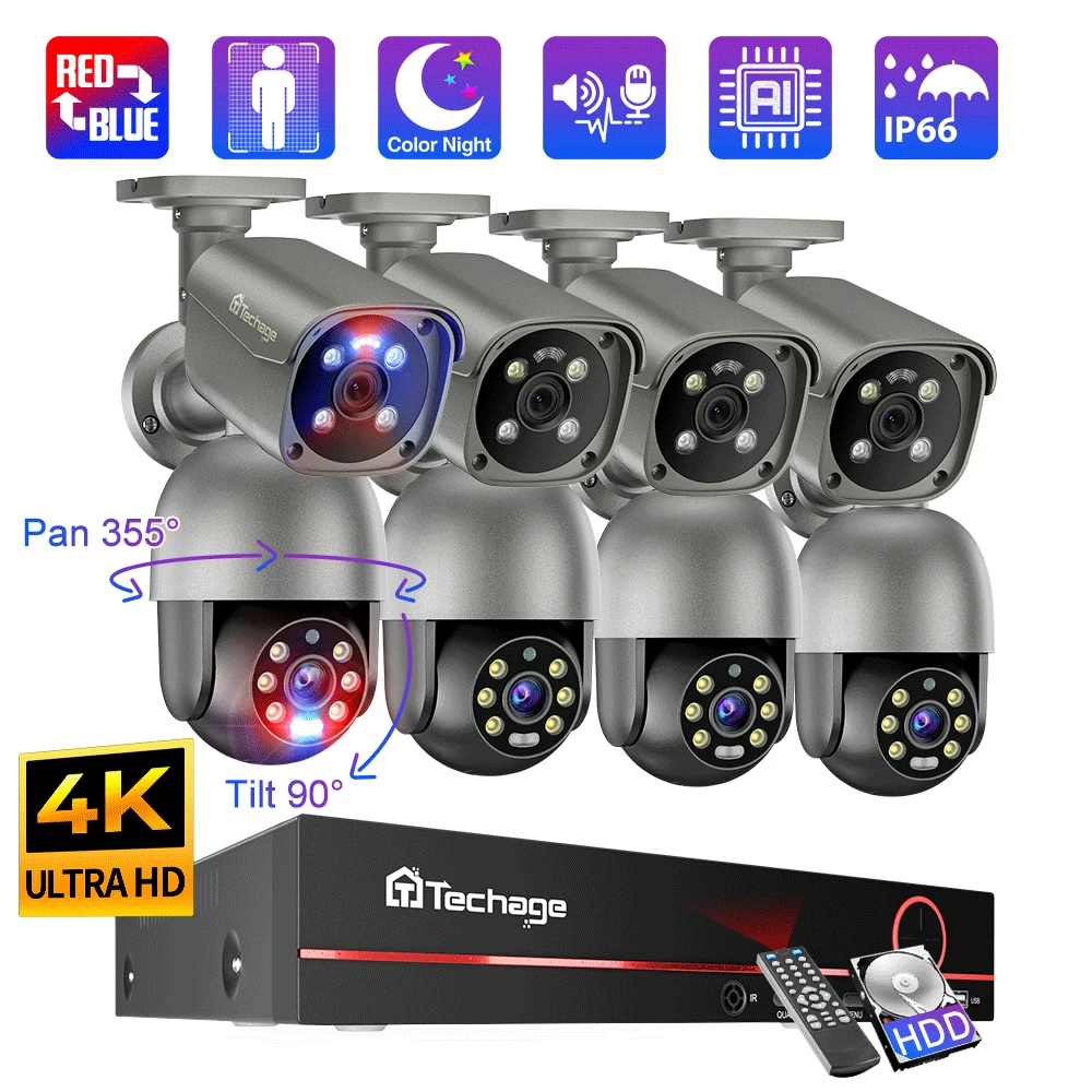 Techage 8CH 4K UHD 8MP PTZ POE Camera System Outdoor AI Human Detect