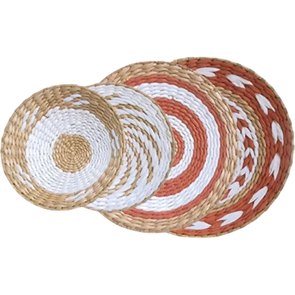 4 Pcs Wall Decoration Plates Bright Colorful Patterns Woven Basket Decorations Straw Hanging Nordic Style Home naments