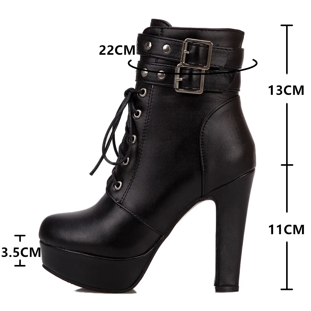 Women Ankle Boots Platform Lace-Up High Heels Short Boot Female Buckle Autumn Winter Red Yellow White Sexy Shoes Large Size34-46