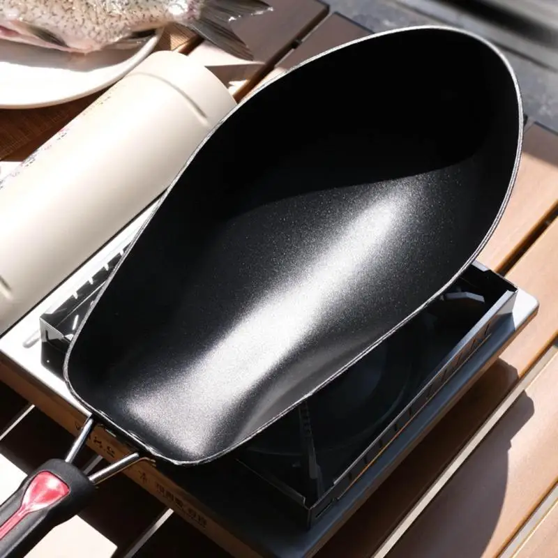 97BA Aluminum Alloy Frying Pan Fish Shaped Wok Pans with Handle for Kitchen Cooking