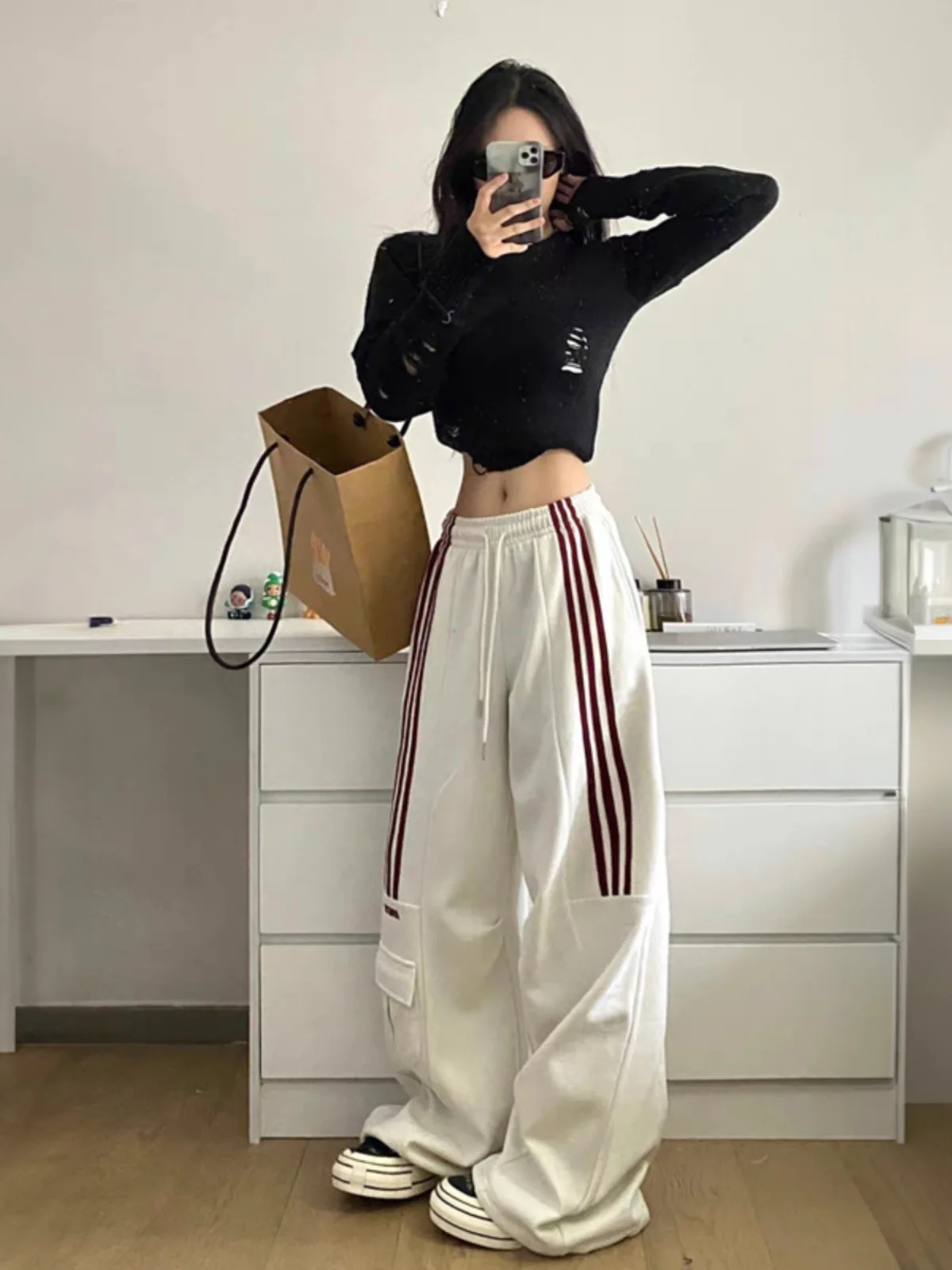 MEXZT Oversized Striped Sweatpants Women Y2K Streetwear Cargo Pants Harajuku Wide Leg Joggers High Waist Baggy Sports Trousers 2