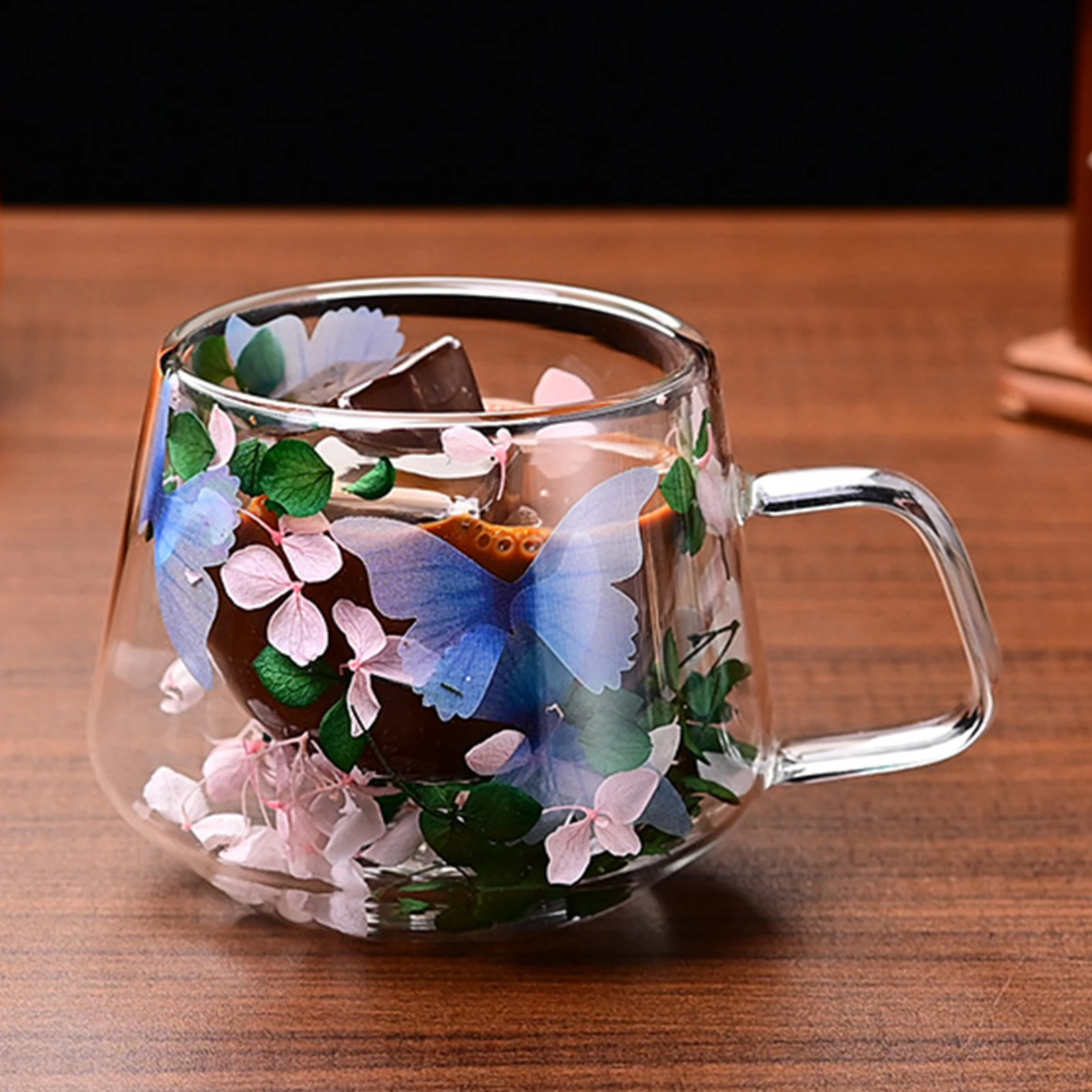 Tazza da caffè Estetica in Vetro a Doppia Parete, Tazza da caffè con Fiori a Strato Isolante con Manico, Tazze Trasparenti con Fiore per Cappuccino