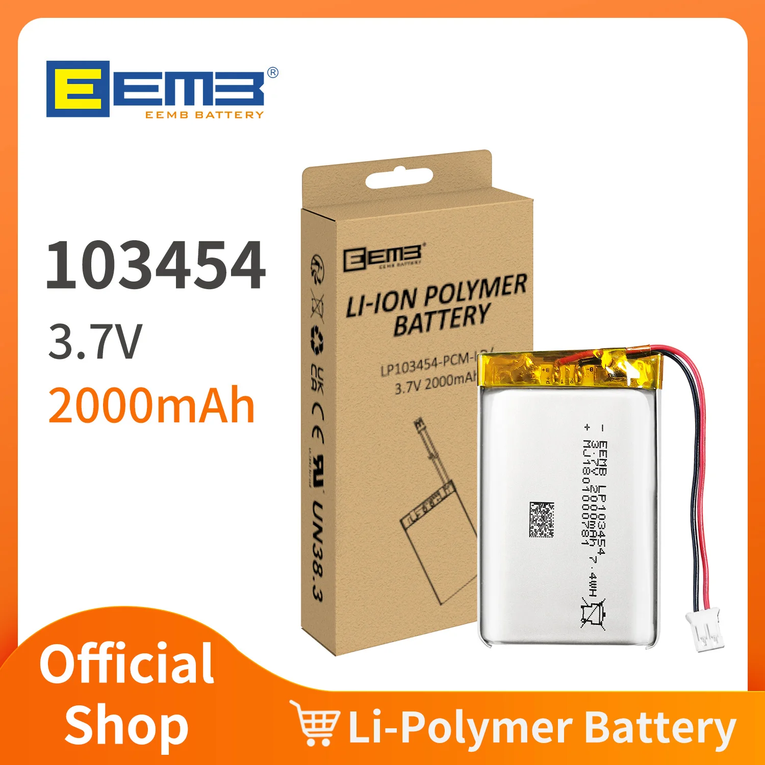Eemb-充電式リチウムポリマー電池,Jst-phrコネクタ付き,3.7v,2000mah
